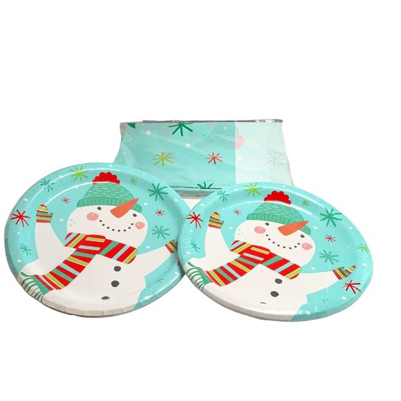 Smiling Snowman 9" Paper Plates Two 8-Packs and Vinyl Tablecloth Set New Sealed - Picture 1 of 4
